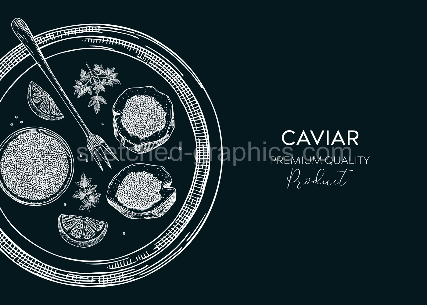 Black caviar background in sketched style. Seafood platter for restaurant menu or finger food party. Hand-drawn tray with tin can, black caviar canapes, lemons and spices sketches on chalkboard Illustration